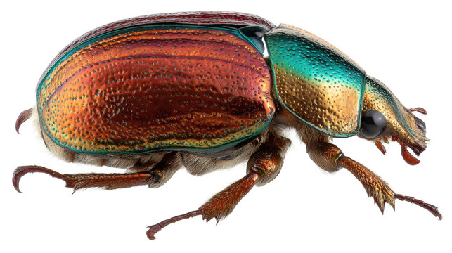 Beetle insect shiny shell, macro photography, isolated on a white background