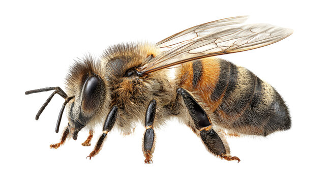 Bee macro close up, pollen on legs, isolated on a white background