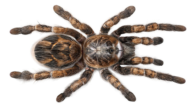 Tarantula spider top view, detailed hair texture, isolated on a white background