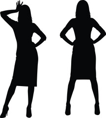 Black and white silhouette of confident woman posing in elegant dress, showing front and back views, representing fashion style, femininity, confidence, and modern lifestyle concept