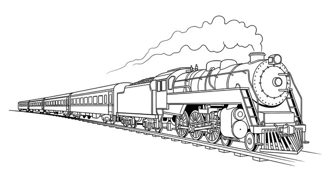 .Classic steam locomotive pulling passenger carriages on a railway track. Detailed line art drawing with smoke coming from the chimney, captured in a perspective view.