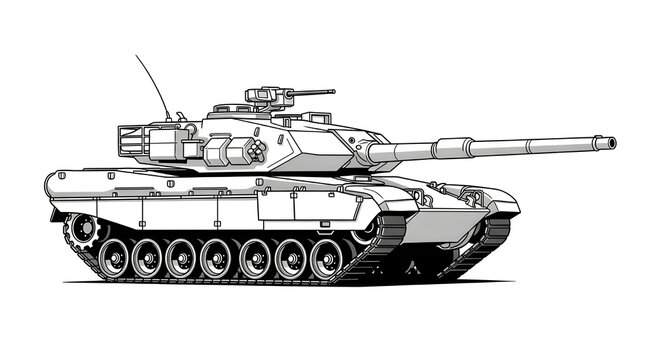 A detailed black and white line art illustration of a modern military main battle tank, featuring a powerful turret, long barrel, and armored tracks. Isolated on a white background.