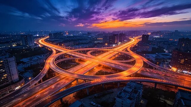 Night city traffic interchange with orange light trails