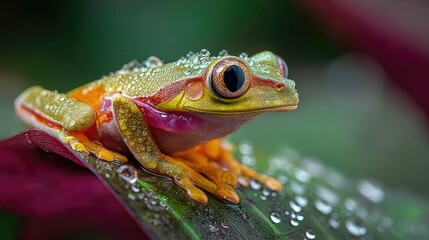 Obraz premium Vibrant Green Frog in Rainforest with Water Droplets Nature Scene