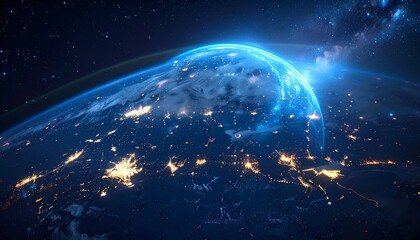 Obraz premium Planet's glow illuminates night, seen from space