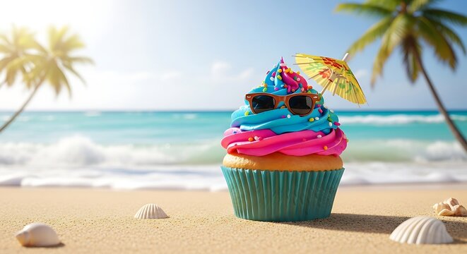 Beach themed cupcake with sunglasses