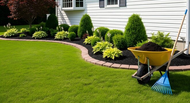 Lush green lawn and landscaped garden bed with a wheelbarrow full of mulch and rake, ready for spring yard work.