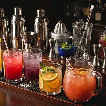 The Shrub & Switch: A bar setup with various fruit-infused vinegars (shrubs) and a main pitcher of haymaker's punch. Focus on craft mixology.