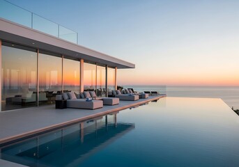 Fototapeta premium Modern luxury villa with infinity pool overlooking the ocean at sunset, contemporary architecture and outdoor lounge area