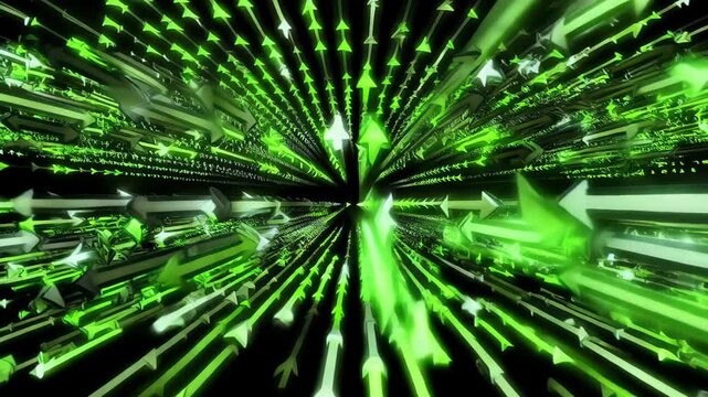 A background of moving 3D arrows pointing upwards in neon green, leaving trails of glowing data light.