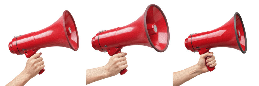 Set of three hands holding a bright red megaphone isolated on white background, bullhorn for announcement, marketing promotion and public speaking.
