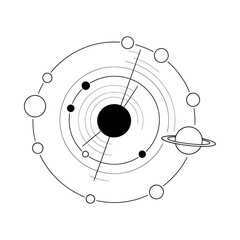 Planetary orbits around a black hole with concentric circles and celestial bodies in space
