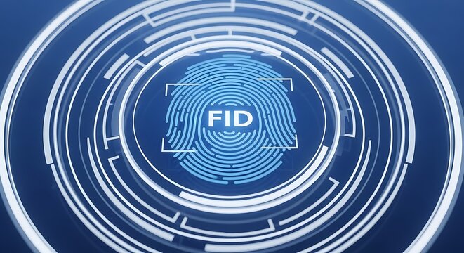 Blue fingerprint with white lines and fid text in center identification
