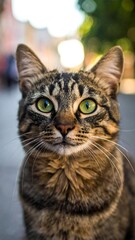 Fototapeta premium A brown tabby cat with green eyes looks directly at the camera