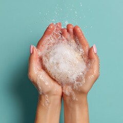 Fototapeta premium Elegant poto of Foamy hands washing with a bar of soap, water splashing on a blue background
