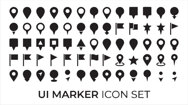 Ui marker icon set with different pin shapes and map pointers for navigation