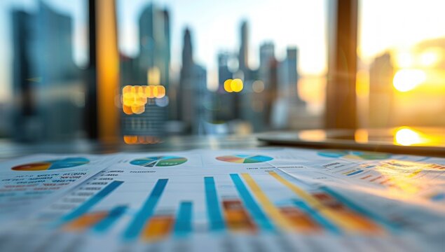 Data charts on a desk with a blurred city skyline at sunset, symbolizing business analysis
