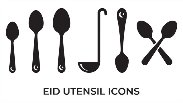 Eid utensil icons featuring spoons and ladles with star and crescent moon decorative engravings
