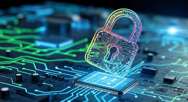 Rainbow circuit board padlock on microchip cybersecurity