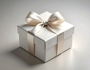 Obraz premium Illustration of beautifully wrapped white gift box with elegant cream ribbon and bow on top sitting on a plain surface