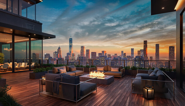 Luxury rooftop lounge with plush seating and a modern fire pit overlooking a panoramic city skyline at sunset. Penthouse terrace with elegant urban evening ambiance.