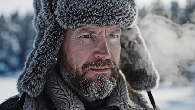 Man wearing traditional russian hat standing in snowy landscape with frosty beard and scarf