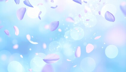 桜吹雪、青色背景に桜の花びらが舞うクローズアップ