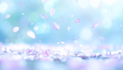 桜吹雪、青色背景に桜の花びらが舞うクローズアップ