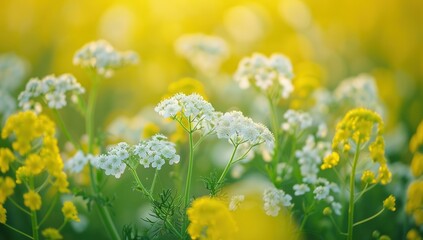 Obraz premium Soft focus shot of white and yellow wildflowers under warm golden sunlight, bokeh background