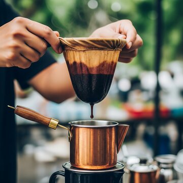 Thai "Oliang" iced coffee preparation; hands holding a large cloth filter dripping dark coffee into a small copper pot. Blurred tropical greenery and market activity behind.