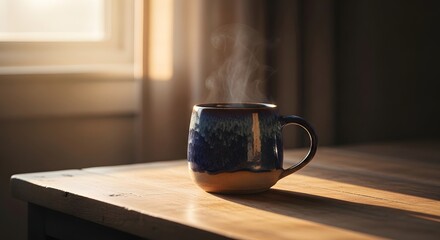 Fototapeta premium Steaming hot beverage in a rustic ceramic mug on a wooden table with warm sunlight