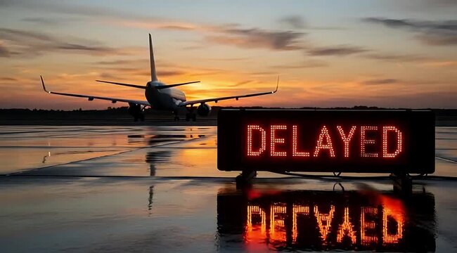 Airplane on tarmac with delayed sign at sunset airport travel disruption flight delay
