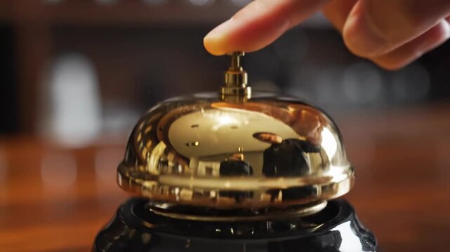 Customer hand presses vintage hotel bell for service on wooden desk