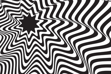 Obraz premium Abstract black and white psychedelic background optical illusion with star shape in middle and flowing wavy lines