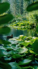 Tranquil pond scene with broad lily pads, a lone duck, and lush green banks beneath a forest canopy. soft glow