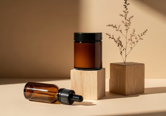 Brown glass bottles and wooden block with dry plant on beige background