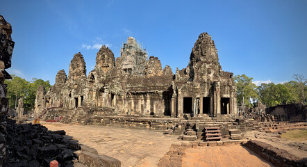 Panorama view of the Bayon temple located in the Angkor Thom area of Cambodia