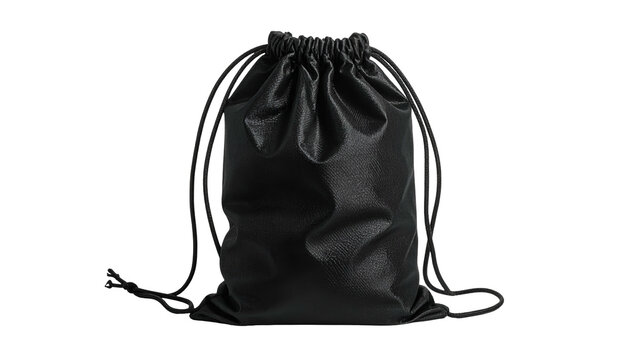 A black drawstring bag with wrinkled texture, isolated against a dark background