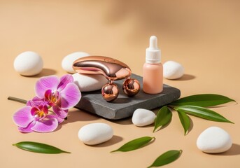 A serene arrangement of beauty products and natural elements on a stone with a pink orchid and green leaves on a beige background