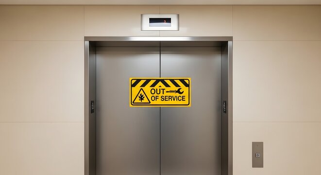Closed stainless steel elevator doors with a bright yellow 'Out of Service' warning sign, indicating malfunction or maintenance.