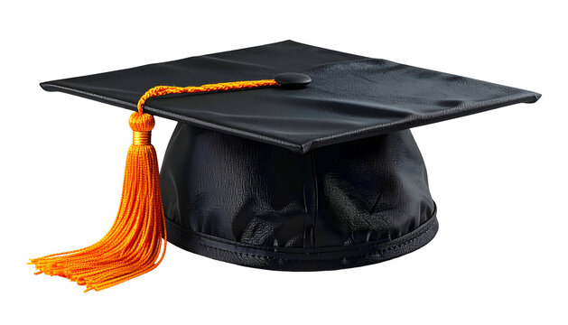 Shiny black square graduation cap with orange tassel, set against a black backdrop