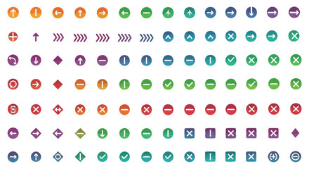 Collection of brightly colored user interface icons featuring arrows shapes and navigation symbols
