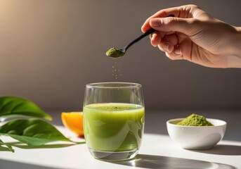 Hand pouring matcha powder into a glass of green tea on a table with citrus and leaves