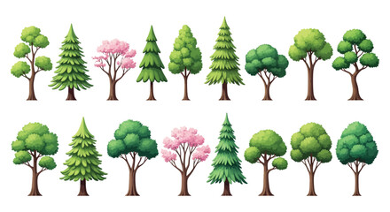 Fototapeta premium Collection of stylized trees including deciduous evergreens and flowering cherry varieties