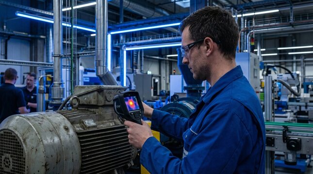 Engineer using thermal camera for predictive maintenance in industrial facility.