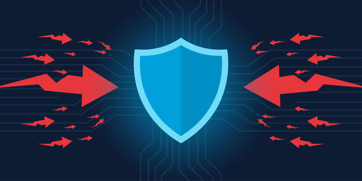 Central data hub with a pulsing shield blocking red attack arrows with a blue defense beam. High-energy narrative storytelling of active protection in dark mode.