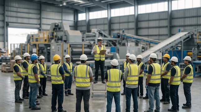Industrial Safety Briefing - Workers Gathered in a Manufacturing Plant.