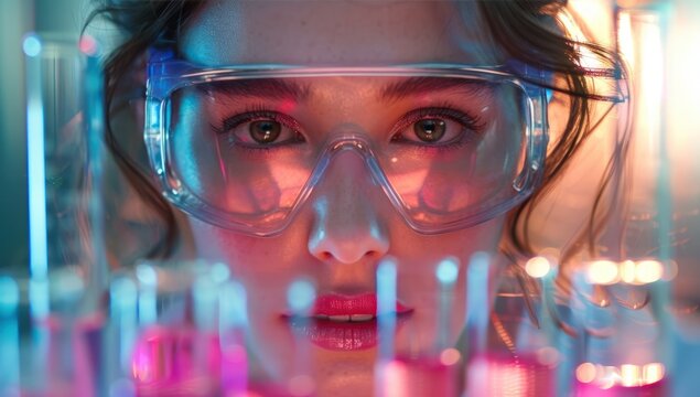 A focused woman in safety goggles examining pink liquids in test tubes in a neon lab