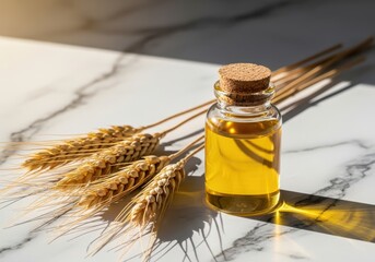 A small glass bottle of wheat germ oil with wheat stalks on a marble surface