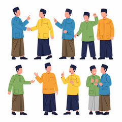 Muslim Men in Traditional Attire Vector Set Showing Greetings, Conversation, and Social Interaction for Ramadan or Eid Celebrations.